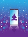 Vector smartphone with meditation man on abstract violet background with stars and spheres. Great element for your design